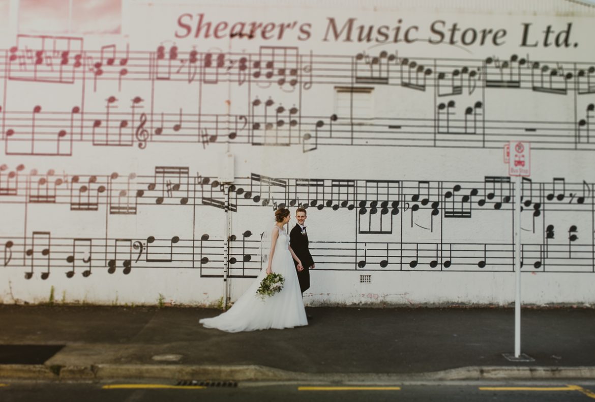 Bride and groom in hamilton's city centre